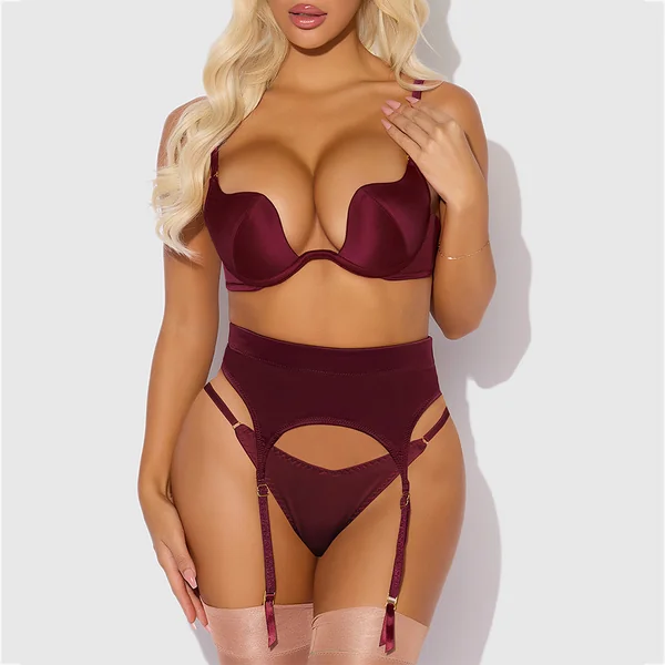 House of Desire Brigeta Satin Plunge Bra, Garter & Thong Set