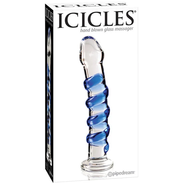 Icicles No. 5 Hand Blown Glass Massager - Clear W-blue Swirls