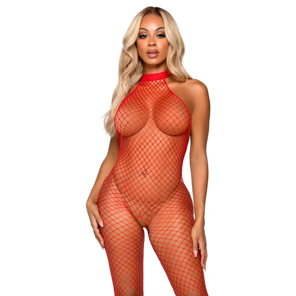 Industrial Net Racer Neck Backless Bodystocking - One Size - Red