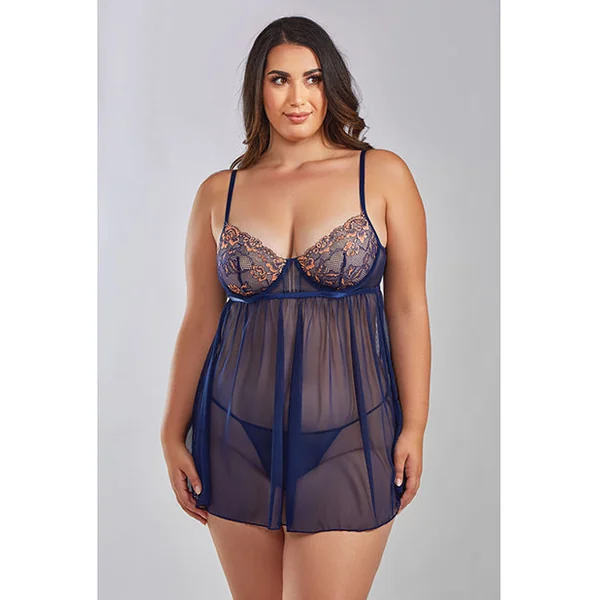 Jennie Cross Dyed Galloon Lace & Mesh Babydoll Navy