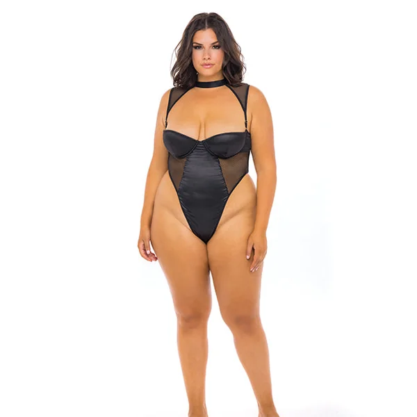 Josephine High Leg Teddy W-removable Fishnet Collared Harness Black 3x