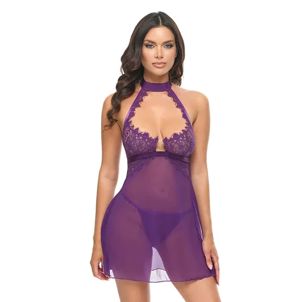 Kennedy Lace and Mesh Babydoll w/G-String 2 pc Set – Purple SM