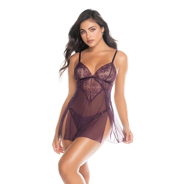 Lace and Mesh Baby Doll w/Thong - Mulberry LG