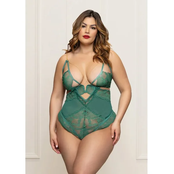 Lace and Mesh Open Crotch Teddy w/Gold Straps – Green 1X/2X