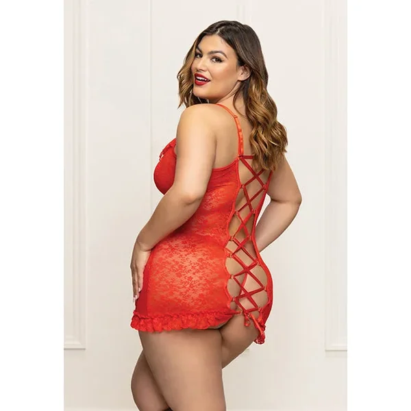 Lace Chemise w/Ruffle Trim & G-String – Red QN