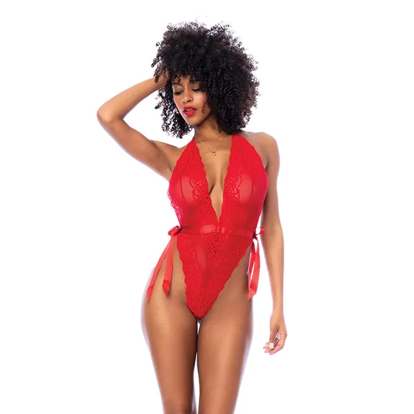 Lace Deep-V Halter Teddy w/Hook and Eye Crotch Closure - Red