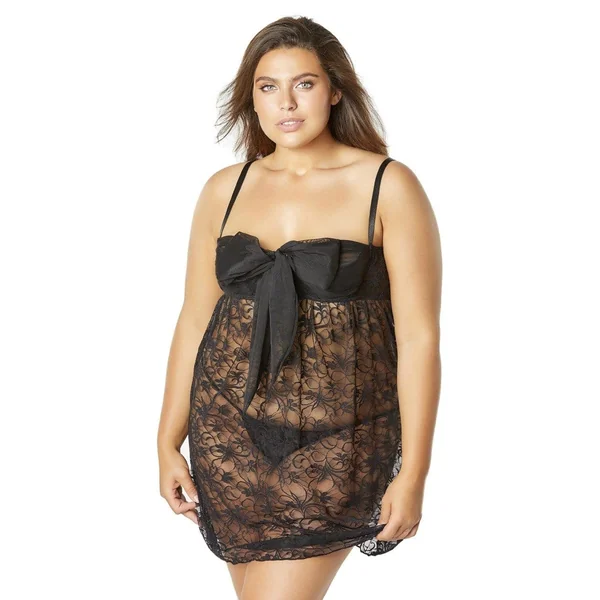 Lace Empire Babydoll With Functional Tie Shelf Cups G-String - Black - 1x-2x