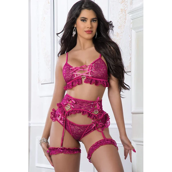 Lace Up Top, W-matching Cheekini, Garterbelt & Leg Garters Berry Sorbet O-s