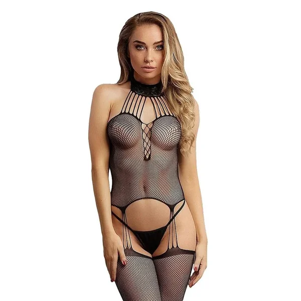 Le Desir Suspender Fishnet Choker Bodystocking – O/S – Black