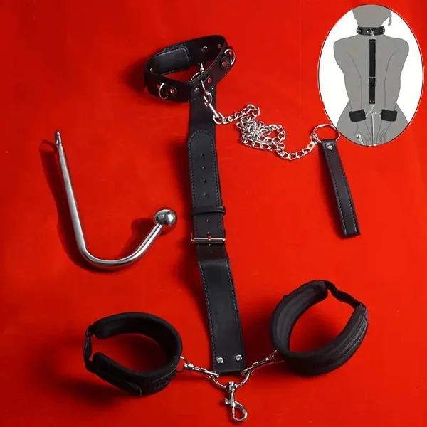 Leather Bondage Kit With Adjustable Collar Removable Handcuffs Anal Hook