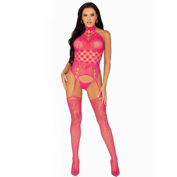 Leg Avenue – Catsuit High Neck Suspender – Raspberry