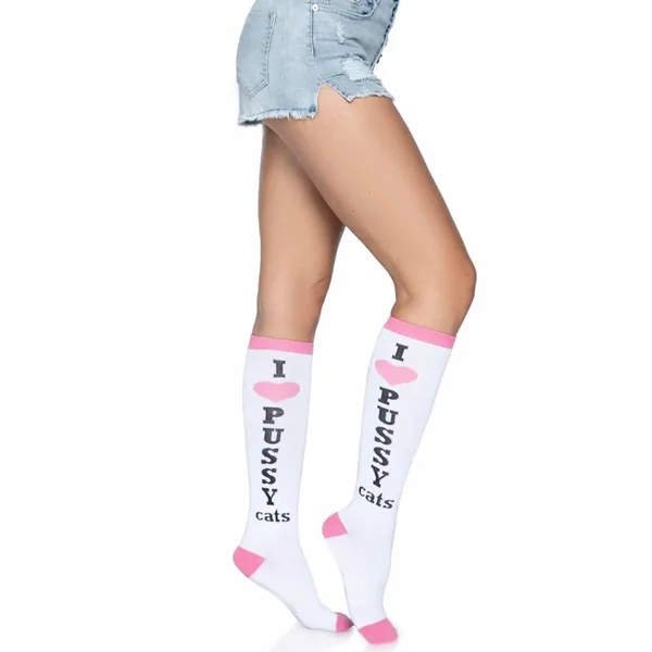 Leg Avenue Pussycat Knee Highs – O/S – White/Pink