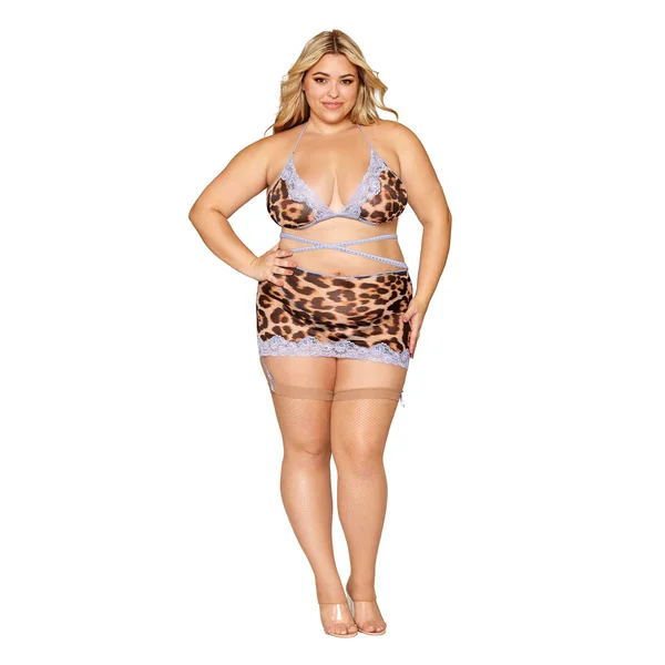 Leopard Bralette With Garter Skirt and G-String - Queen Size - Leopard