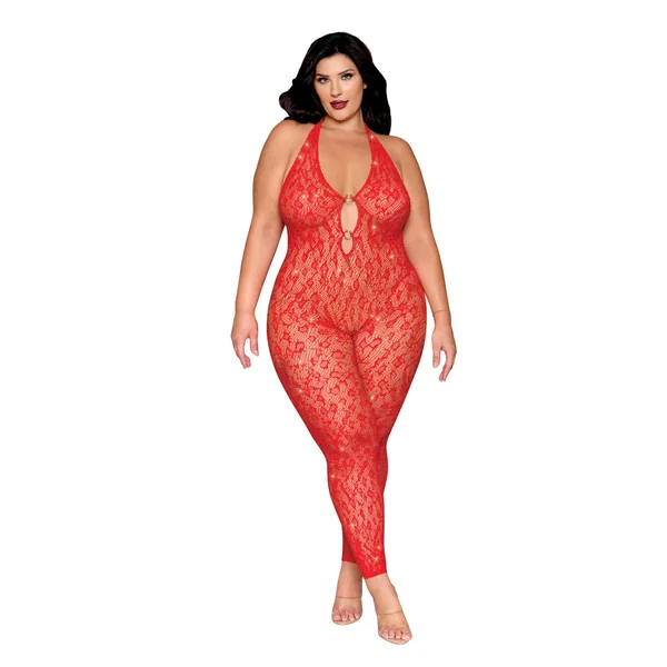 Leopard Pattern Seamless Bodystocking w/Gold Details - Red QN