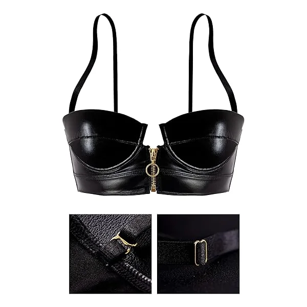 LOVE YOU SEXY Women PU Faux Leather Balconette Bra and Highwaist Panty with Front Open Zipper