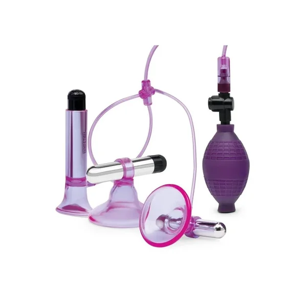 Lux Fetish Vibrating Nipple Suckers with Clitoral Pump With Quick Release – Purple/Silver