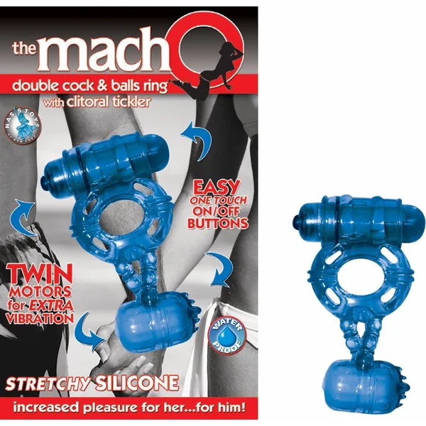 MACHO DOUBLE COCK & BALLS BLUE RING W/CLITORAL TICKLER