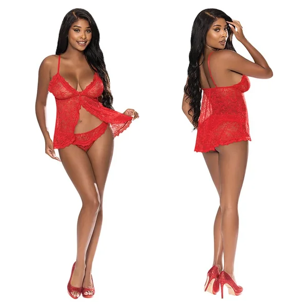 Magic Silk Babydoll & Panty Set-Red L/…