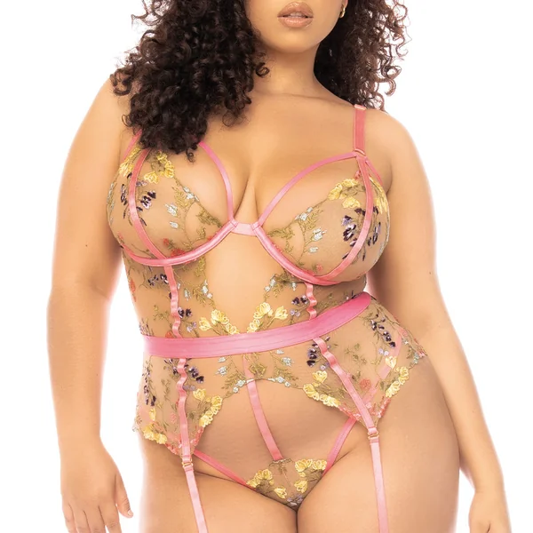 Mapale Rose Garden Sheer Floral Mesh Gartered Bodysuit - Curvy