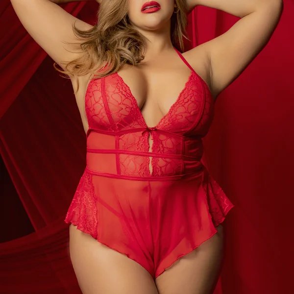 Mapale Sheer Heart Mesh Halter Romper Teddy & Thong - Curvy