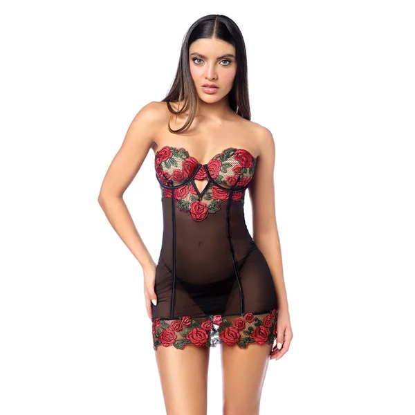 Mapale Untamed Floral Embroidered Underwire Babydoll With G-String