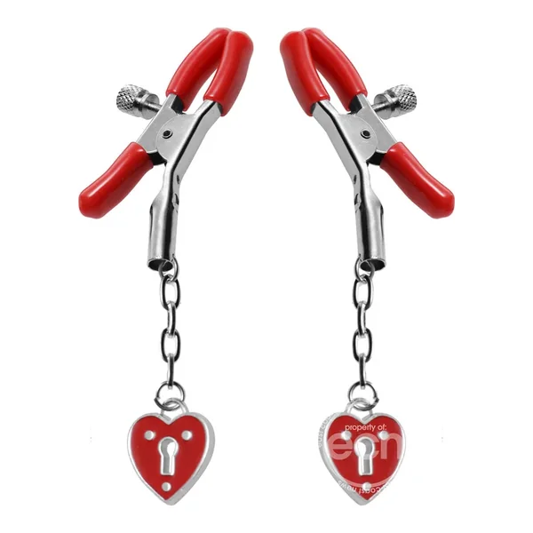Master Series Crimson Tied Charmed Heart Padlock Nipple Clamps – Red