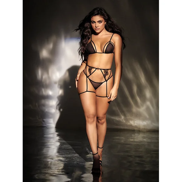 Mesh Top W/adjustable Coverage, Garter Belt & Thong Black S/m