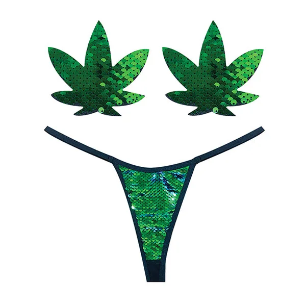 Naughty Knix Weed Leaf Sequin G-String & Pasties