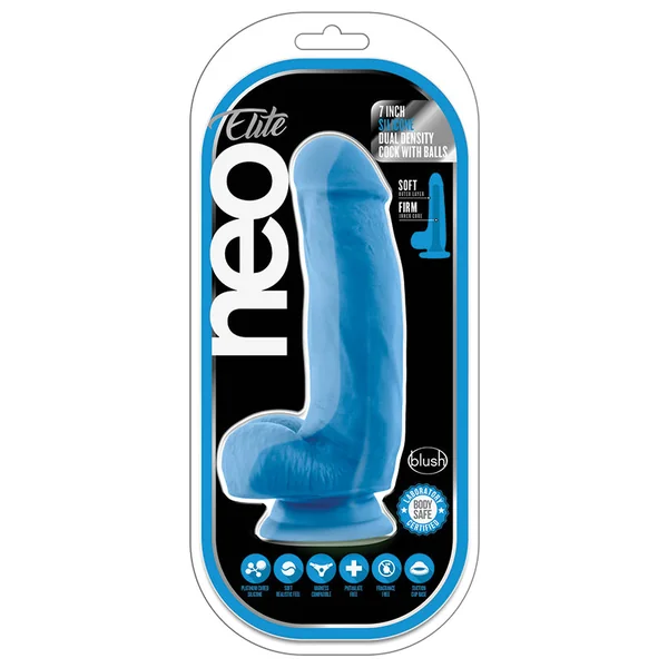 Neo Elite Neon Blue: 7-Inch Long Dildo - Made with Purio Silicone & SensaFeel Dual Density Realistic Technology
