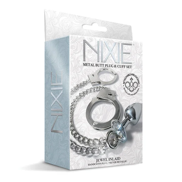 Nixie Metal Butt Plug W-inlaid Jewel & Cuff Set - Silver Metallic