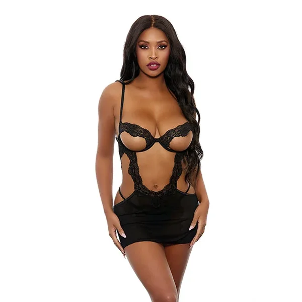 Open Cut Underwire Lace & Mesh Chemise w/G-String Black XL