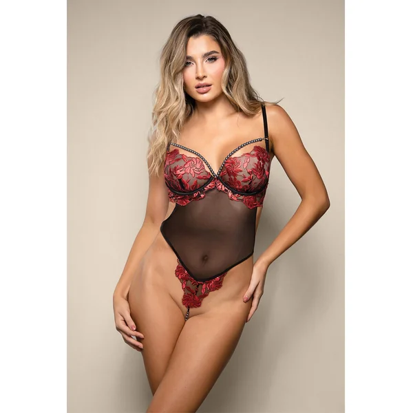 Opulence Embroidered Underwire Open Crotch Teddy w/Pearl Detail - Red S/M