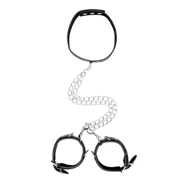 Ouch! Black and White Bonded Leather Collar With Hand Cuffs