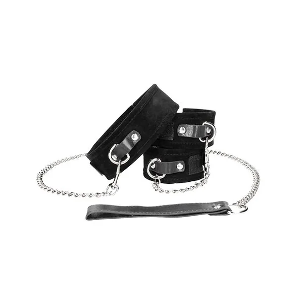 Ouch! Black & White Velcro Collar With Leash & Hand Cuffs