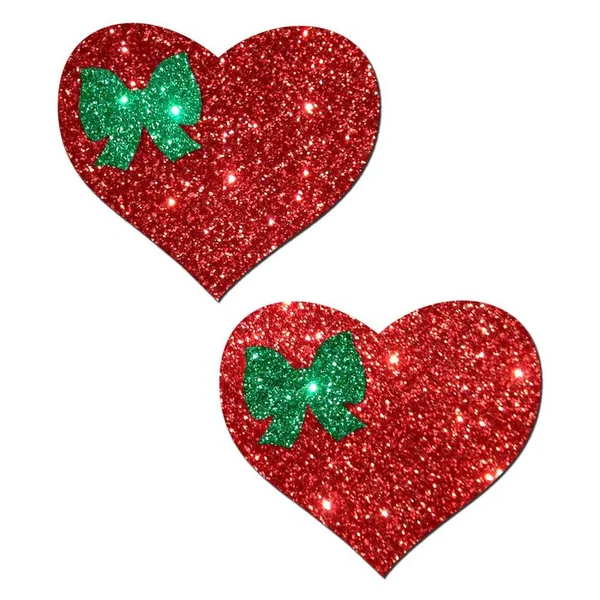 PASTEASE SWEETY RED GLITTER HEART W/GREEN GLITTER BOW