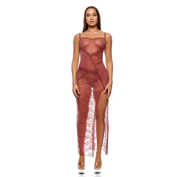 Patch Of Petals Sheer Mesh and Lace Gown w/Thong 2 pc Set – Mauve SM
