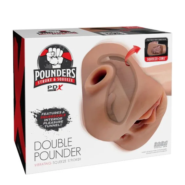 PDX PLUS DOUBLE POUNDER VIBRATING SQUEEZE STROKER BROWN