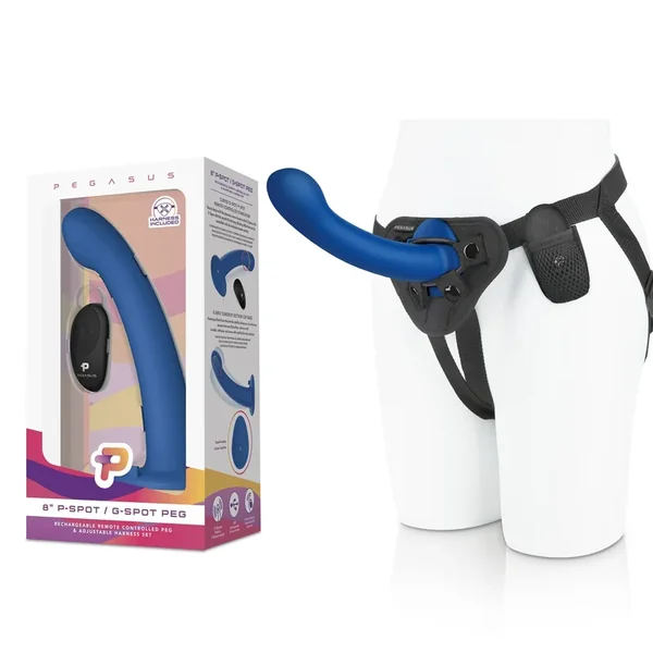 Pegasus Remote Control Silicone Vibrating Dildo & Harness Set – Blue