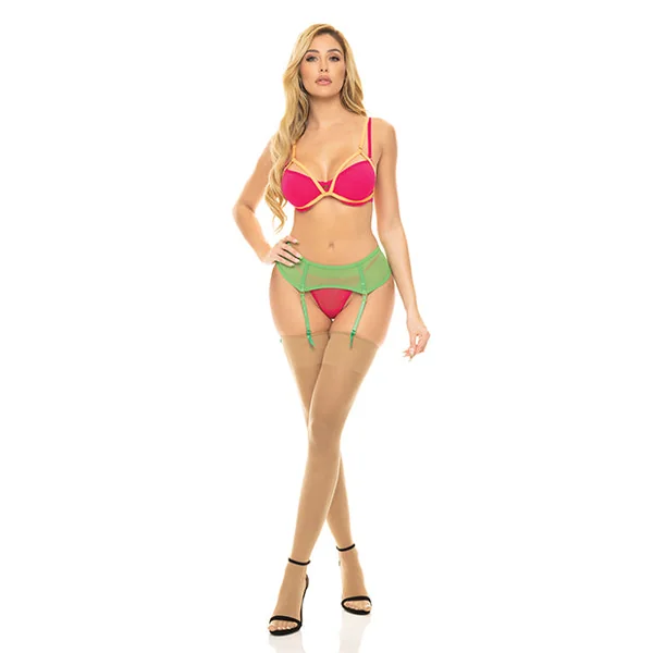 Pink Lipstick Come To Me Bra, Garter Belt & G-string Neon M/l
