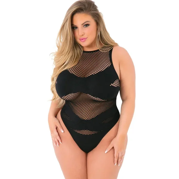 Pink Lipstick Criss Cross Fishnet Bodysuit – Black
