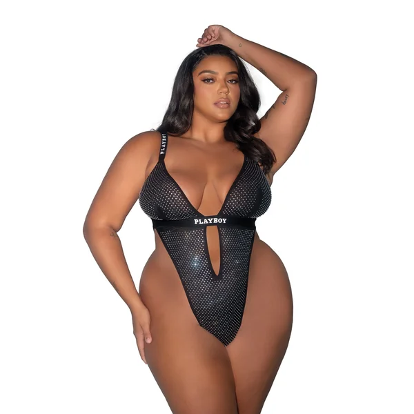 Playboy Disco Fever Rhinestone & Spandex Teddy - Black 1X