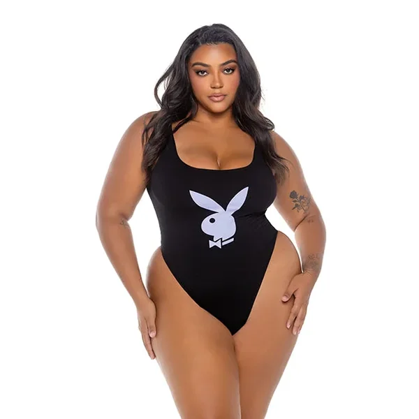 Playboy Scoop Neck Teddy w/Thong Back & Bunny Logo – Black/Lavender 1X