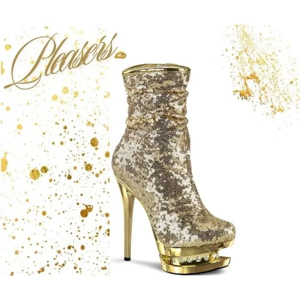 PLEASER – Gold Sequin Ankle Boots