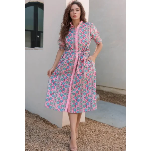 Printed Shirred Sleeve Buttoned Front Midi Dress with Sash