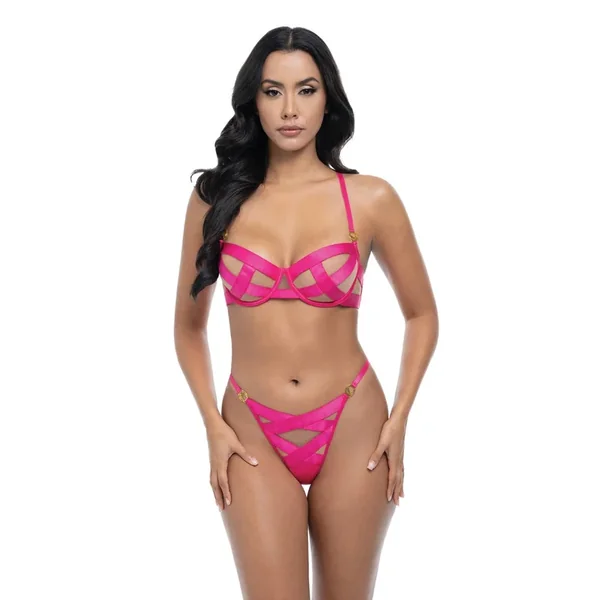 Raelynn Satin Strappy Underwire Bra w/G-String 2 pc Set – Pink Yarrow SM