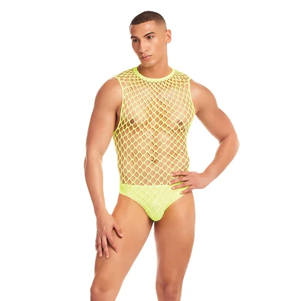 Rainbow Party Full Effect Large Mesh Men’s Unitard Set Yellow L/XL