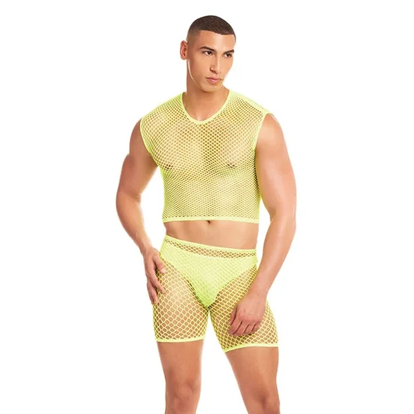 Rainbow Party Net-Bula Large Mesh Long Brief 3 pc Set w/Thong – Yellow