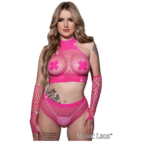 Rhinestone Net 3pc Top Bottoms & Gloves by Music Legs
