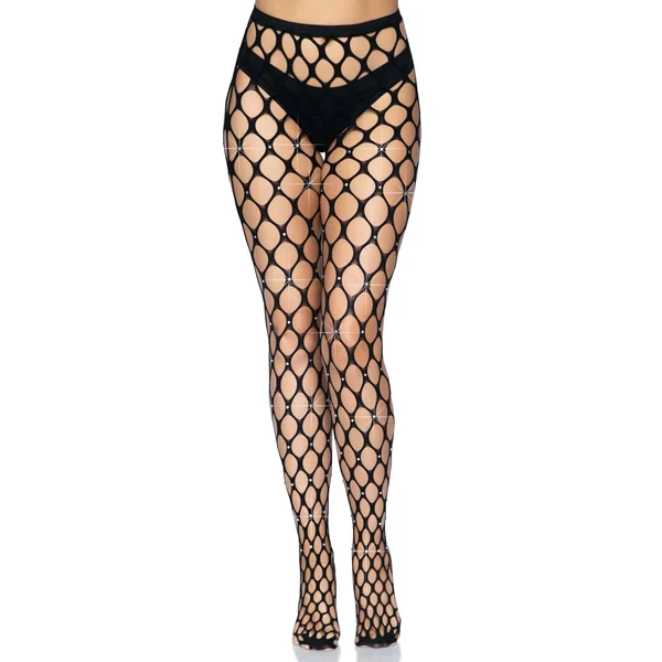Rhinestone Pothole Net Tights - One Size - Black