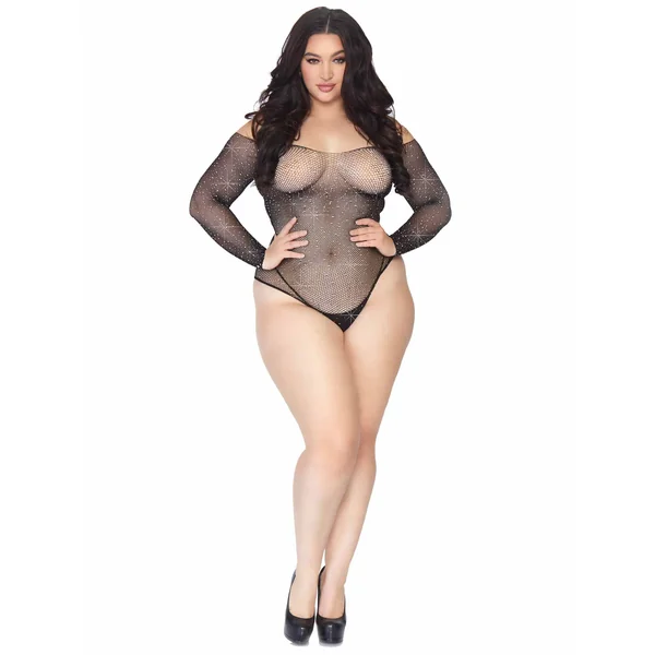 Rhinestone Snap Crotch Bodysuit - 1x/2x - Black